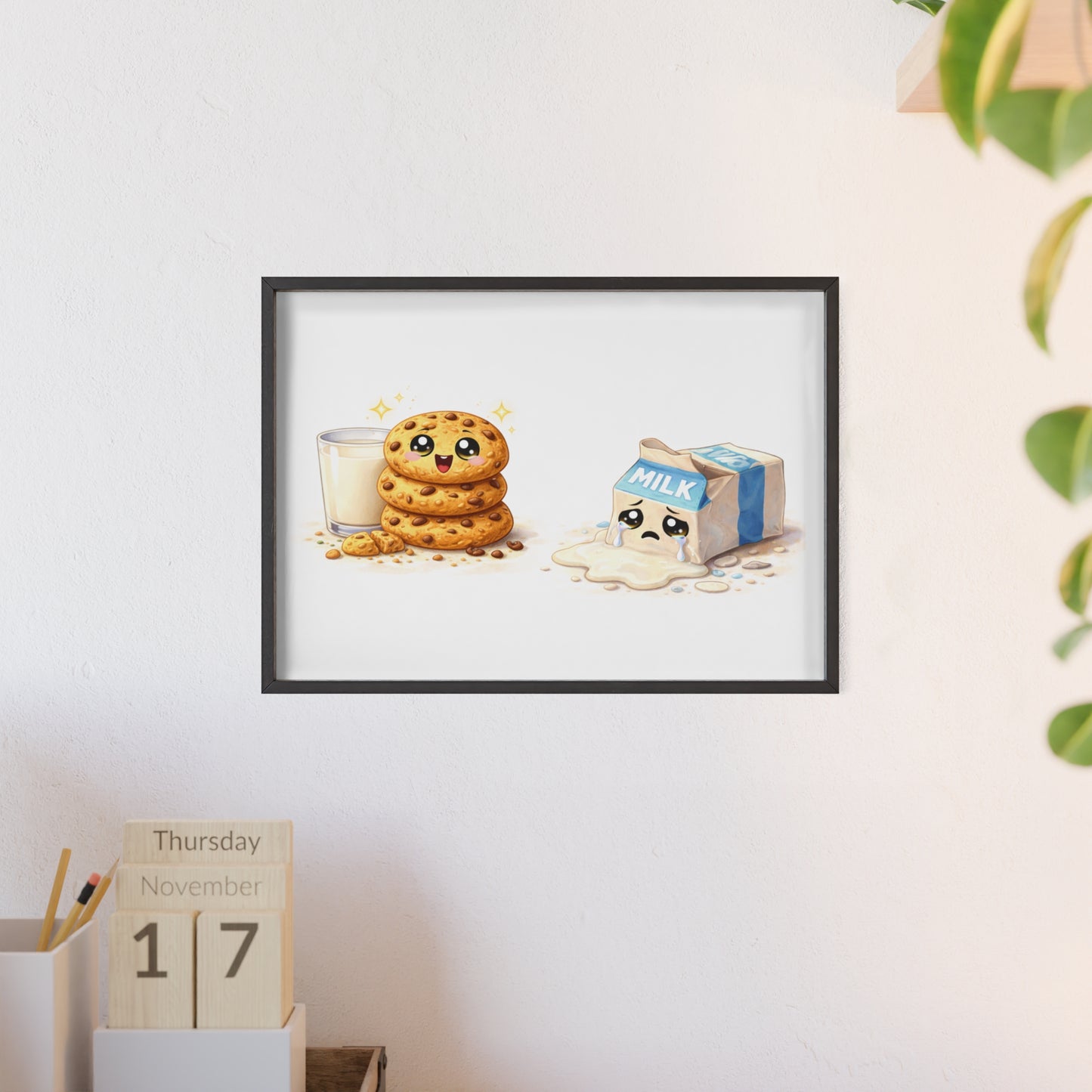 Cute Kawaii Cookies & Milk Poster with Frame — Whimsical Kitchen Wall Art