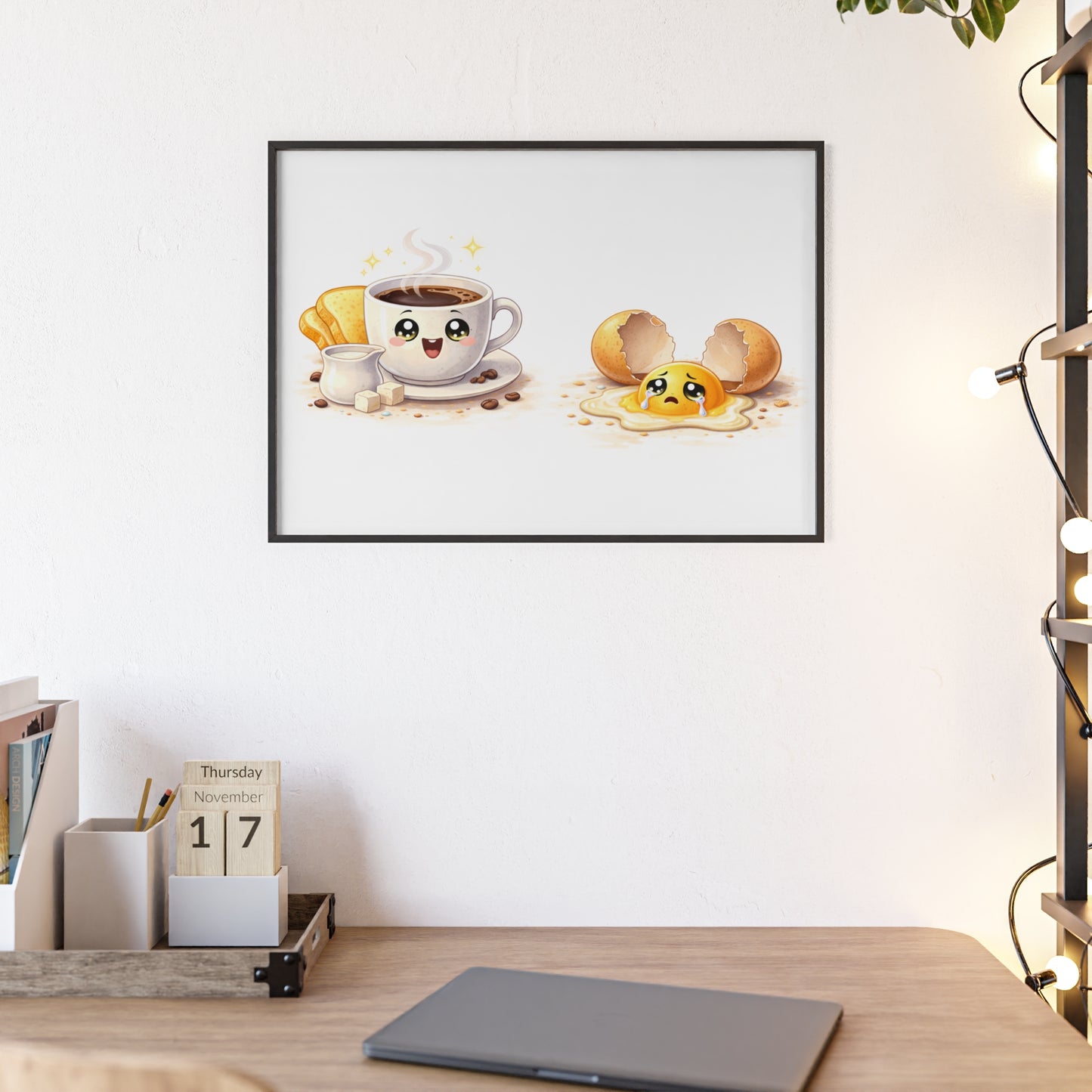 Cute Coffee & Sad Egg Framed Poster — Kitchen Wall Art