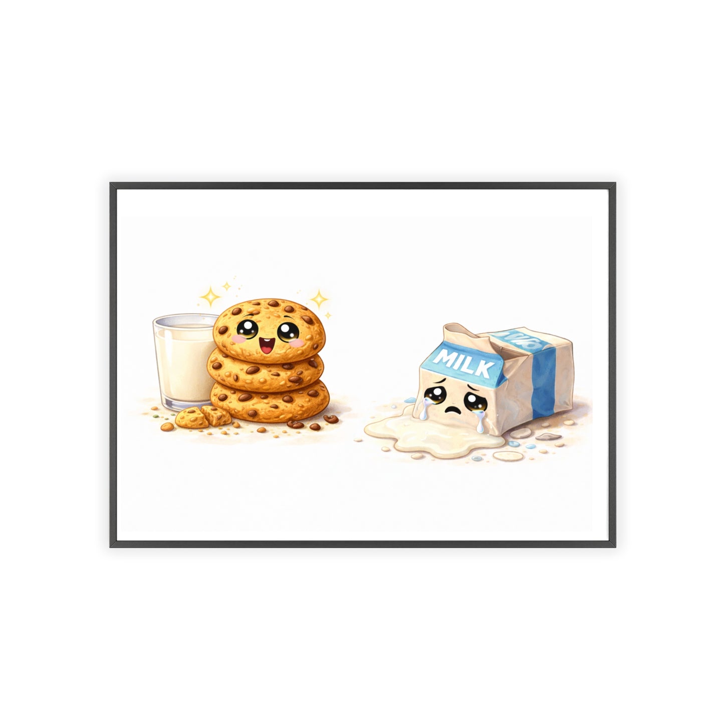 Cute Kawaii Cookies & Milk Poster with Frame — Whimsical Kitchen Wall Art