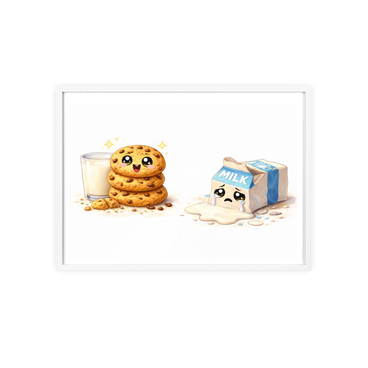 Cute Kawaii Cookies & Milk Poster with Frame — Whimsical Kitchen Wall Art