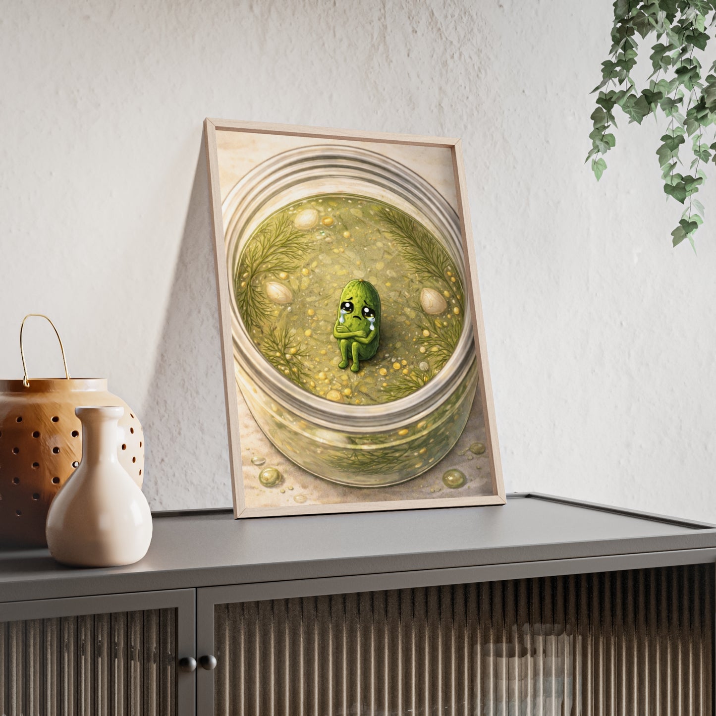 Whimsical Pickle in Jar Art Print — Framed Poster for Kitchens & Gift-Giving